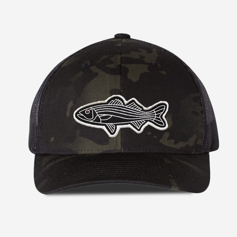 Fish Brand Logo Night Out Woven Patch Snapback Trucker Hat Black (White  Logo)